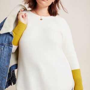 Anthropologie White and Mustard Crew Neck Sweater